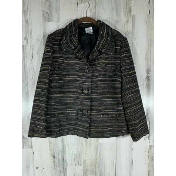 Chicos 3-Button Blazer Jacker Size 2 or 12 Large Black Olive Variegated Tweed - Picture 1 of 7